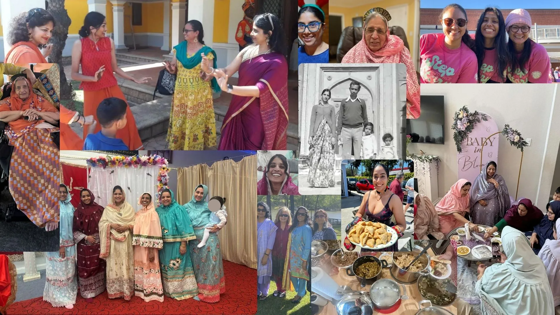 A collage of photographs of the women in Sana’s community — weddings, kitchens, dancing, chai, generations together