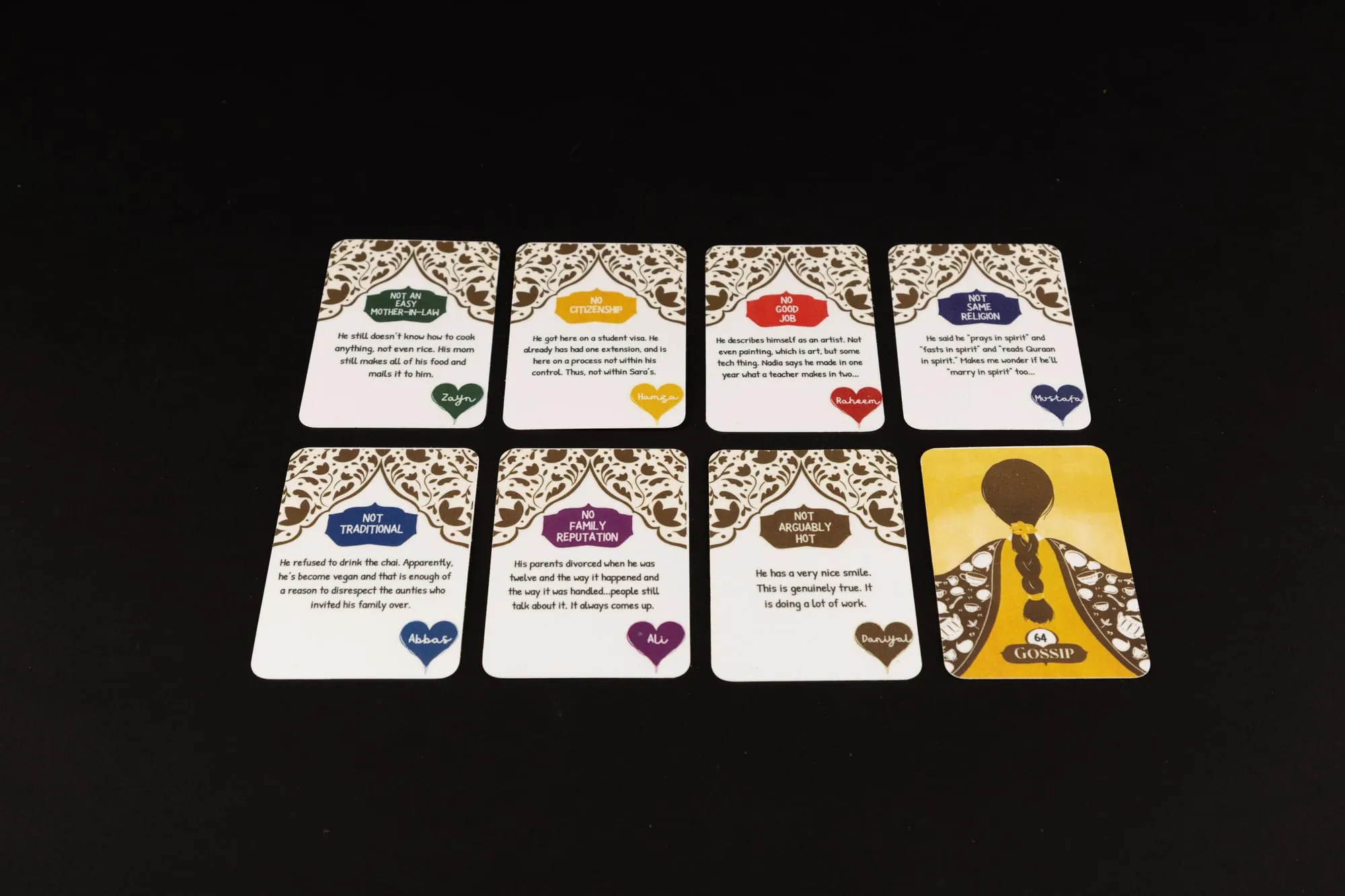 Eight gossip cards fanned out on black